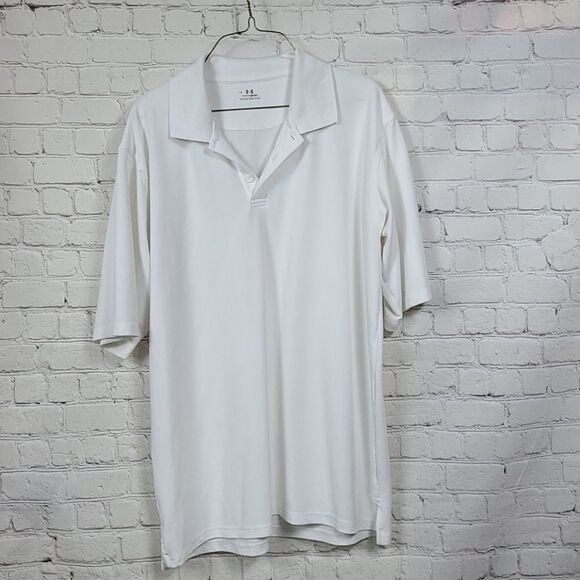 Under Armour White HeatGear Men's Polo Shirt Large Short Sleeve Jersey Knit UA - Picture 8 of 8